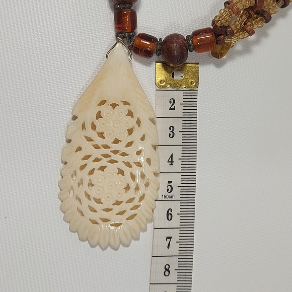 Handcrafted Wood Glass Bead Necklace with Carved Pendant - Picture 9 of 9